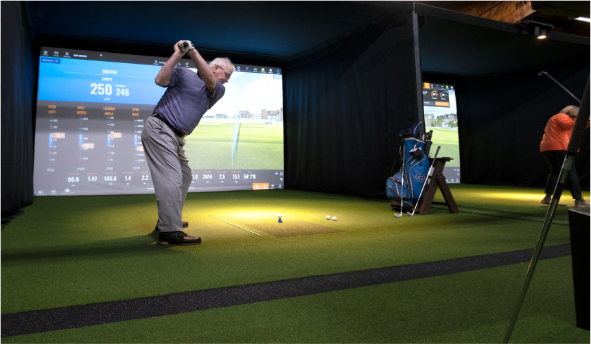 Commercial Golf Simulator Enclosure with golfer swinging